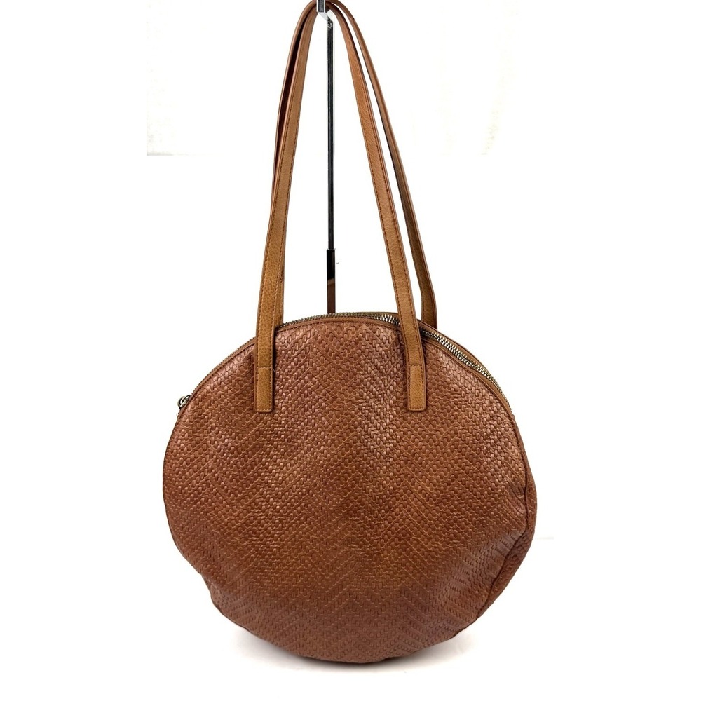 Anthropologie Circle Weave Tote Bag Brown Faux Leather Round Boho‎ Large Handbag